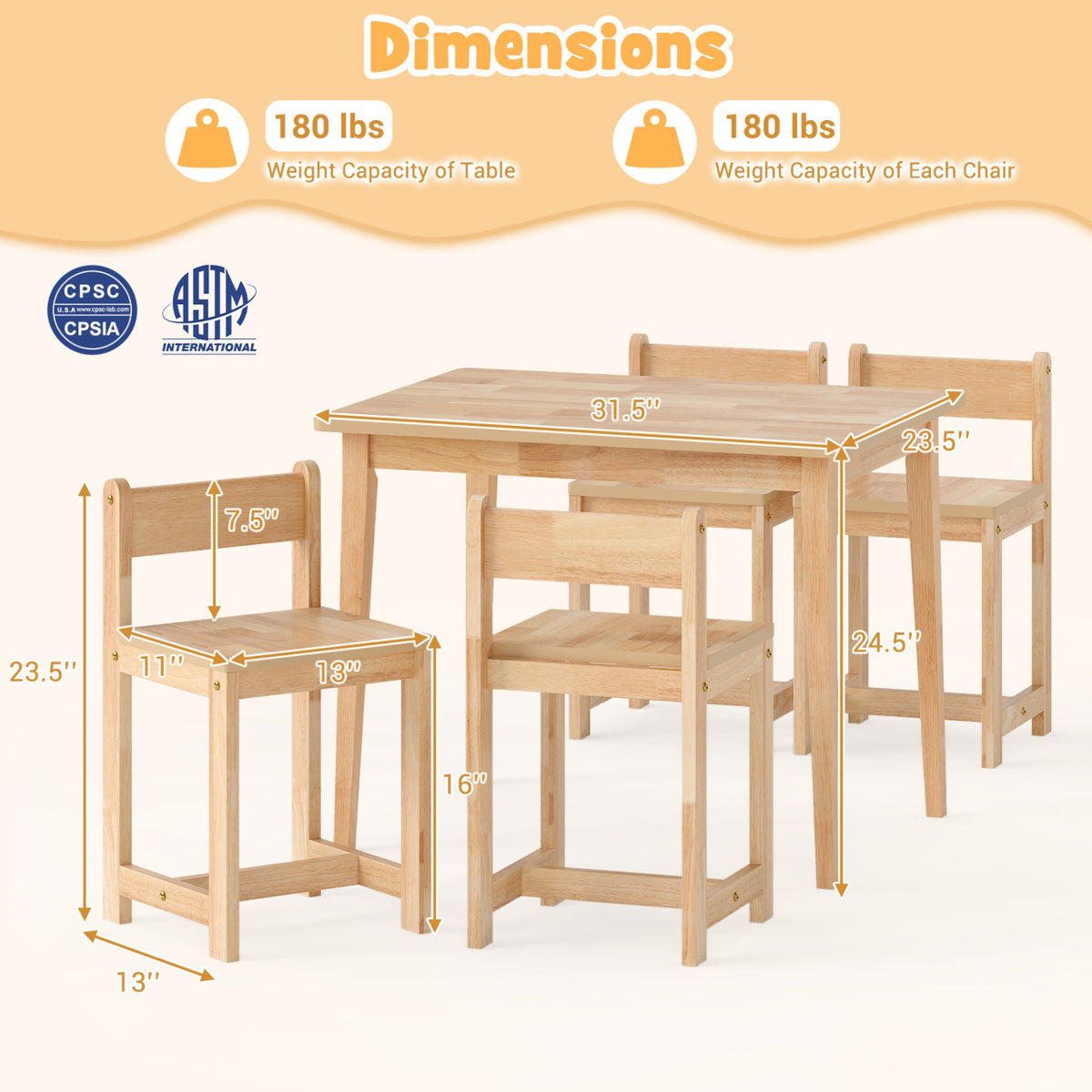 5-Piece Kids Table and Chairs Set Solid Rubber Wood Toddler Activity Table-Natural