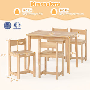5-Piece Kids Table and Chairs Set Solid Rubber Wood Toddler Activity Table-Natural