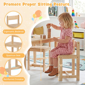 5-Piece Kids Table and Chairs Set Solid Rubber Wood Toddler Activity Table-Natural