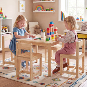 5-Piece Kids Table and Chairs Set Solid Rubber Wood Toddler Activity Table-Natural