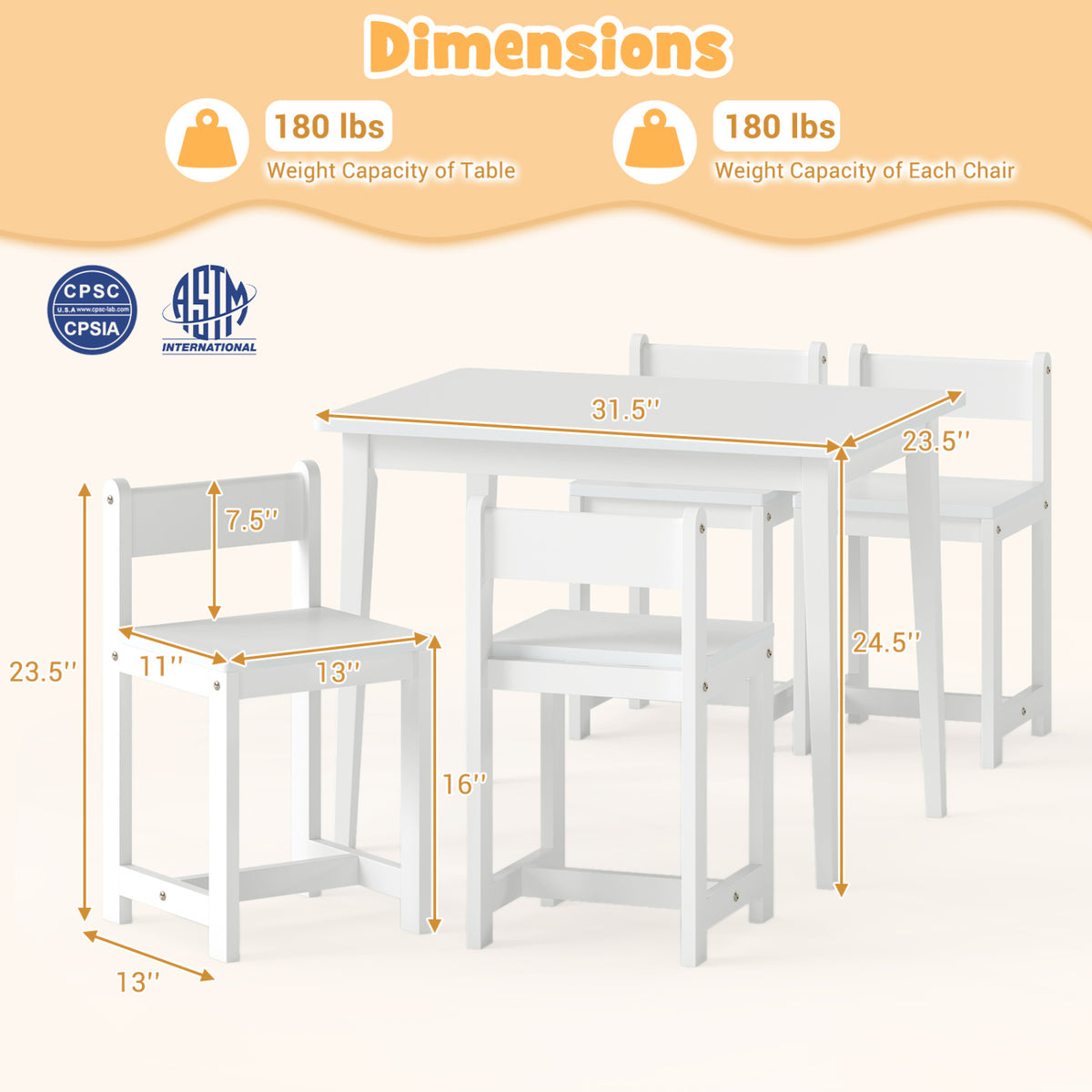 5-Piece Kids Table and Chairs Set Solid Rubber Wood Toddler Activity Table-White