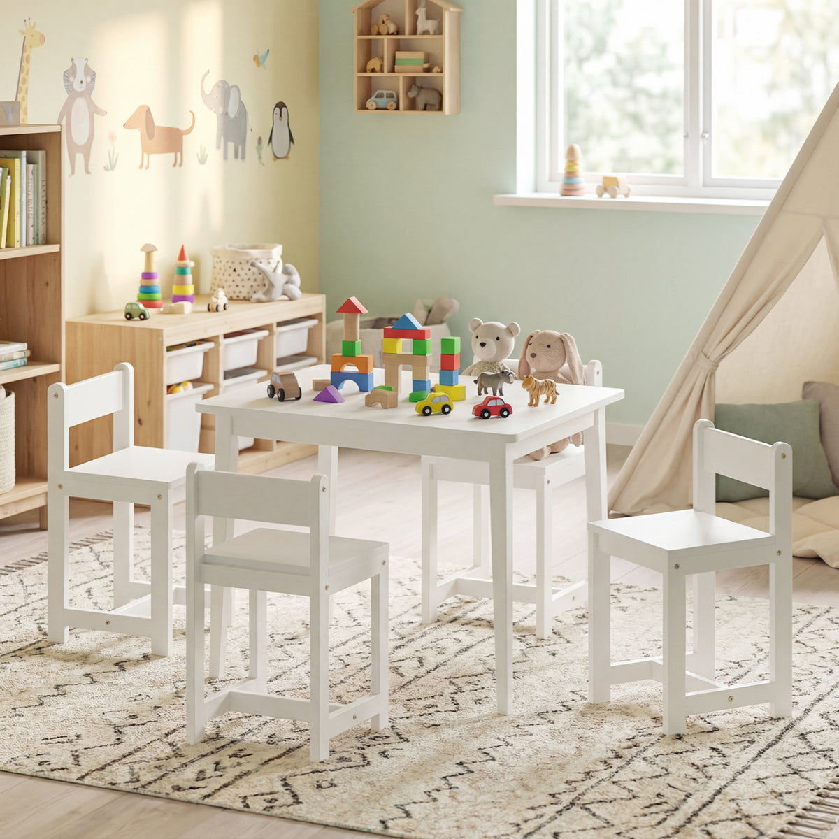5-Piece Kids Table and Chairs Set Solid Rubber Wood Toddler Activity Table-White