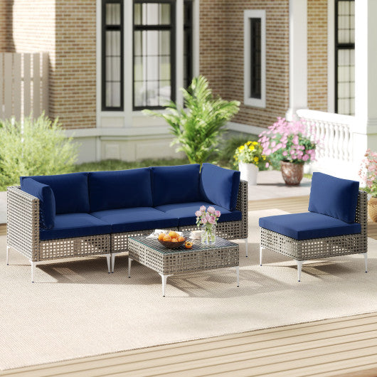 5 Piece Outdoor Furniture Set Patio Rattan Chairs with Tempered Glass Coffee Table-Navy