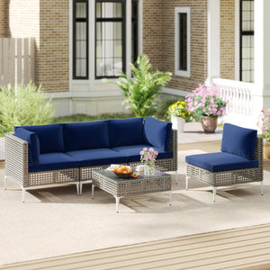 5 Piece Outdoor Furniture Set Patio Rattan Chairs with Tempered Glass Coffee Table-Navy