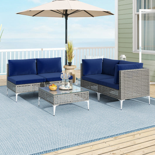 5 Piece Outdoor Furniture Set Patio Rattan Chairs with Tempered Glass Coffee Table-Navy