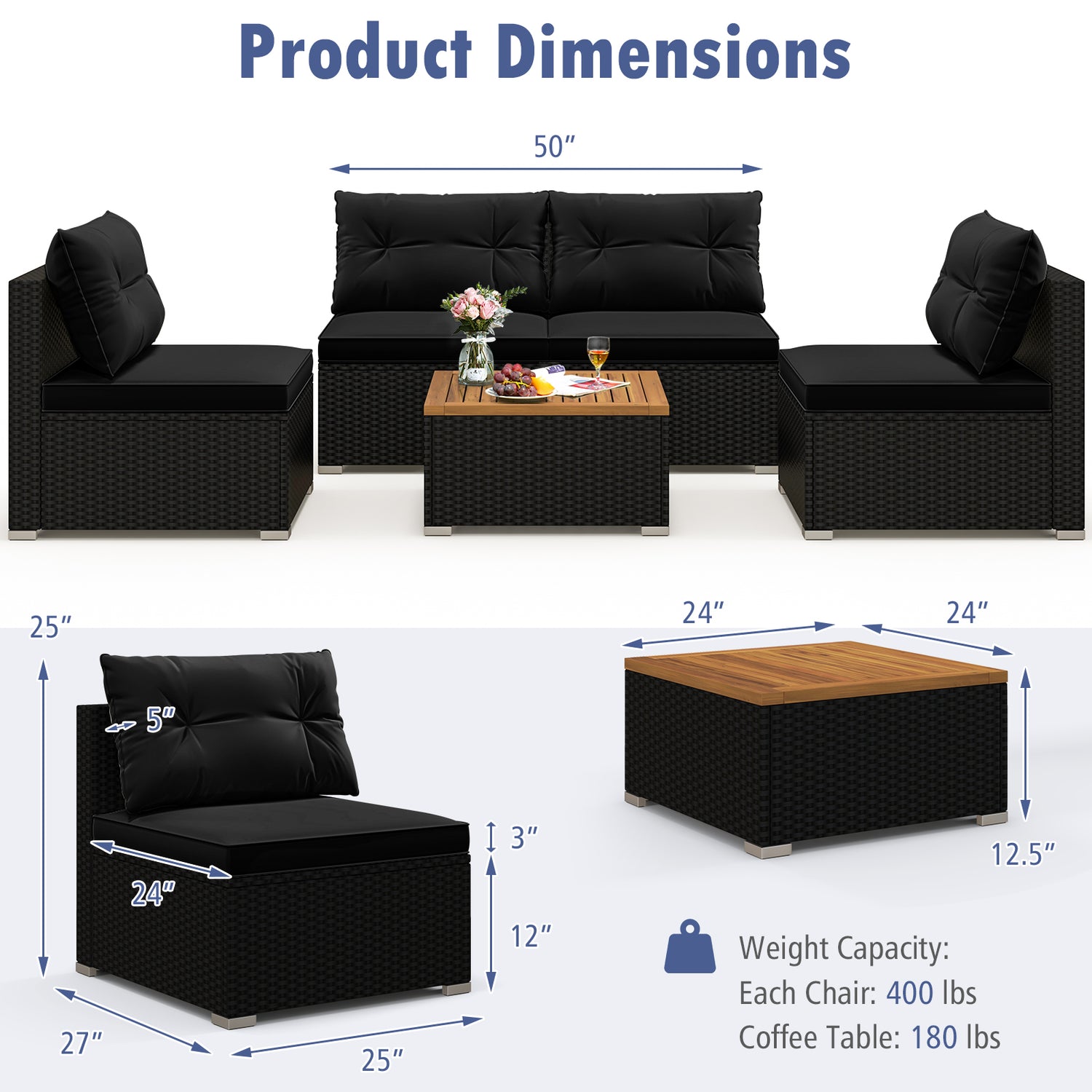 5 Piece Outdoor Furniture Set with Solid Tabletop and Soft Cushions-Black