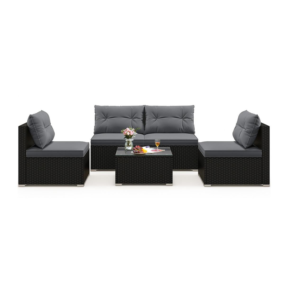 5-Piece Outdoor Patio Furniture Set with Cushions and Coffee Table-Gray