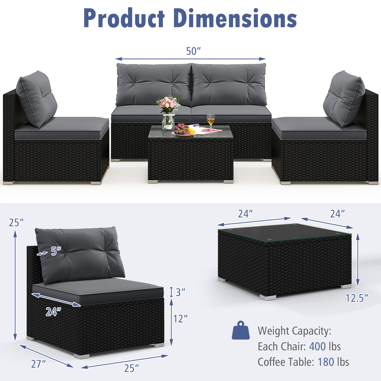 5-Piece Outdoor Patio Furniture Set with Cushions and Coffee Table-Gray