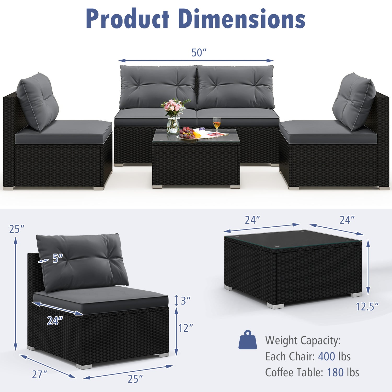 5-Piece Outdoor Patio Furniture Set with Cushions and Coffee Table-Gray