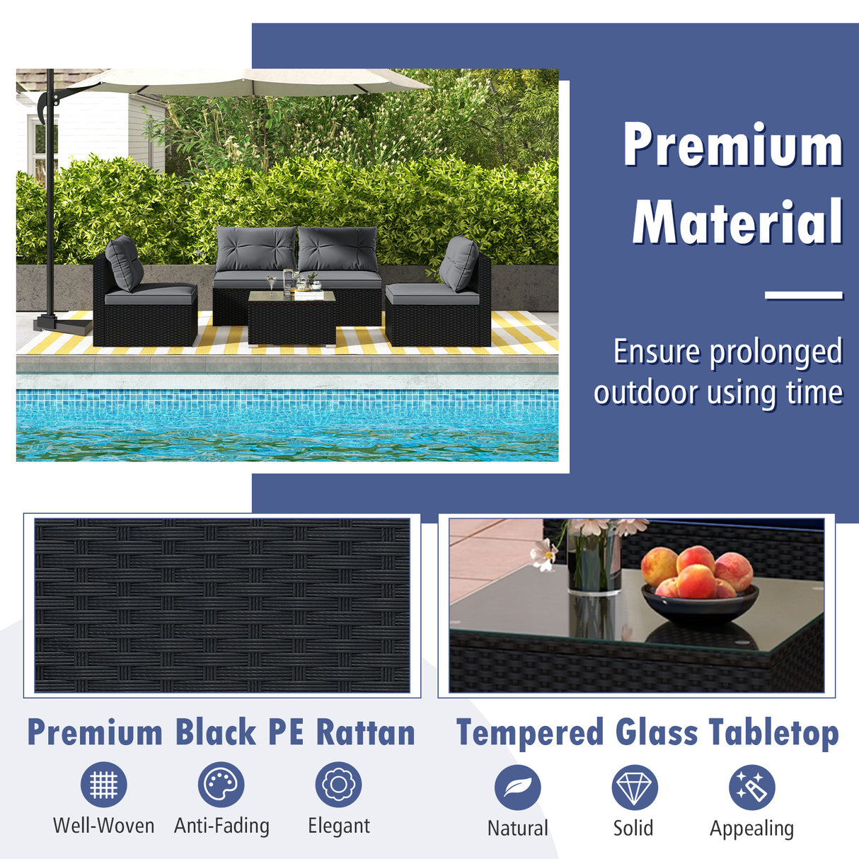 5-Piece Outdoor Patio Furniture Set with Cushions and Coffee Table-Gray