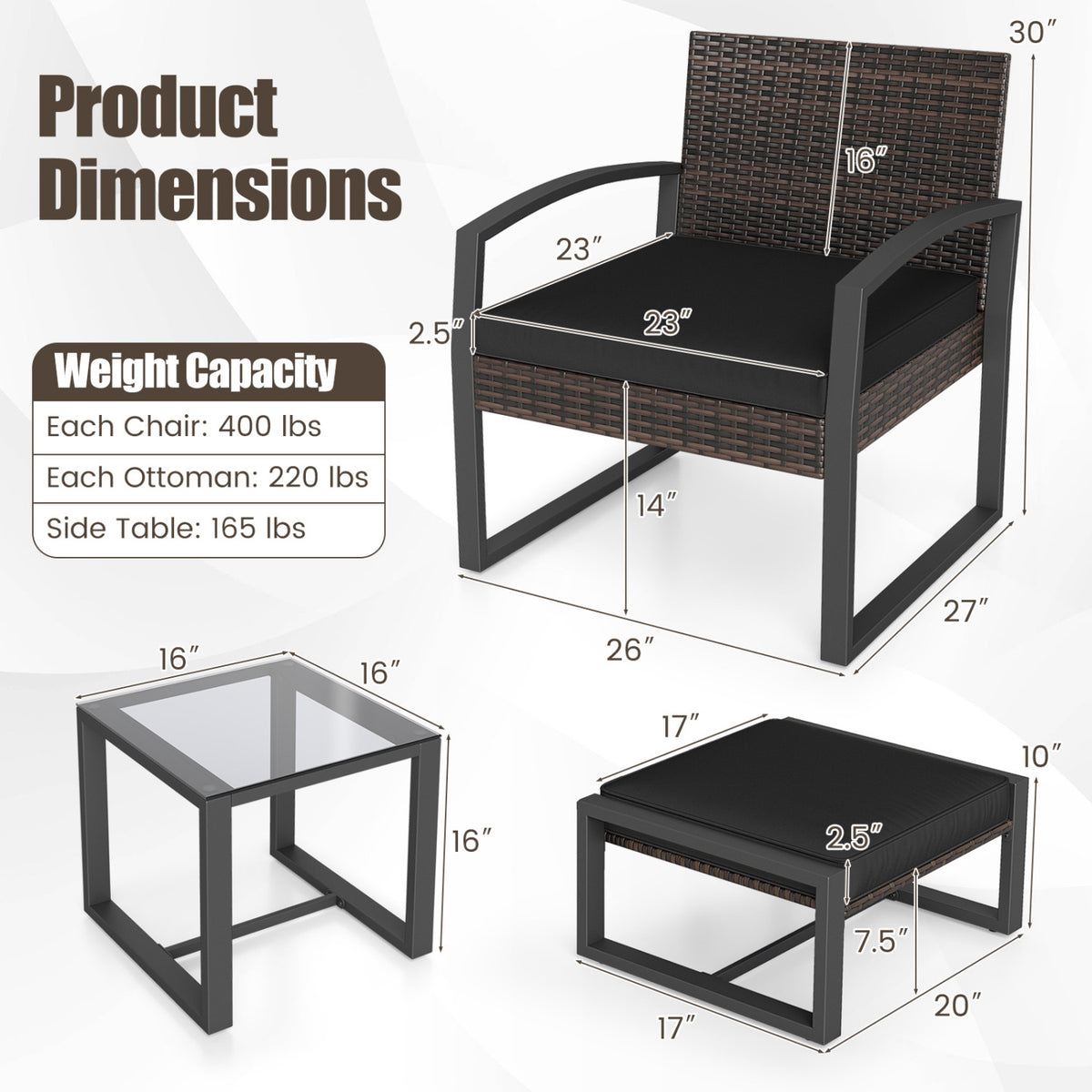 5-Piece Patio Conversation Set with 2 Ottomans and Tempered Glass Side Table-Black