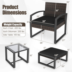 5-Piece Patio Conversation Set with 2 Ottomans and Tempered Glass Side Table-Black