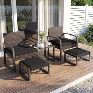 5-Piece Patio Conversation Set with 2 Ottomans and Tempered Glass Side Table-Black