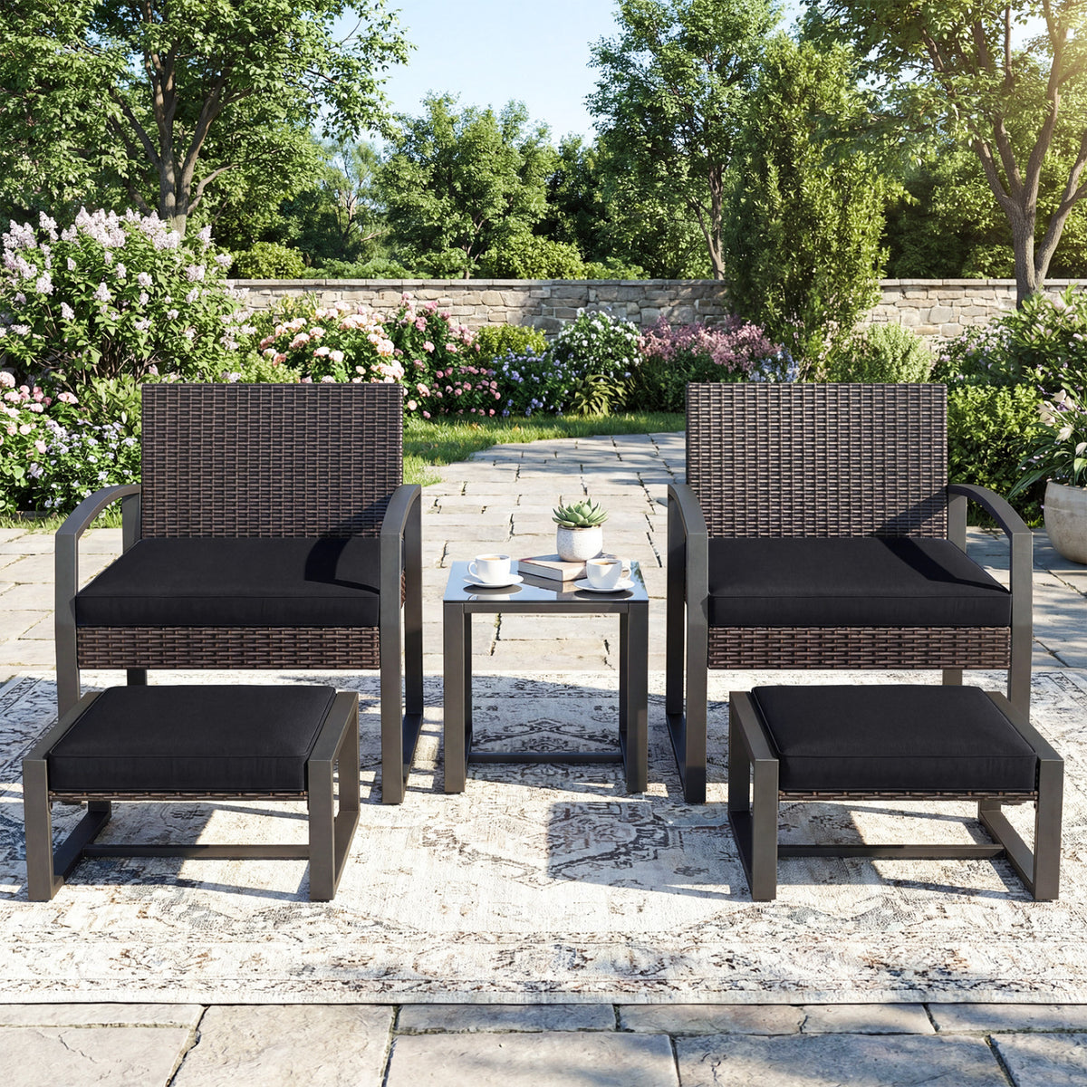 5-Piece Patio Conversation Set with 2 Ottomans and Tempered Glass Side Table-Black