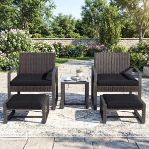 5-Piece Patio Conversation Set with 2 Ottomans and Tempered Glass Side Table-Black