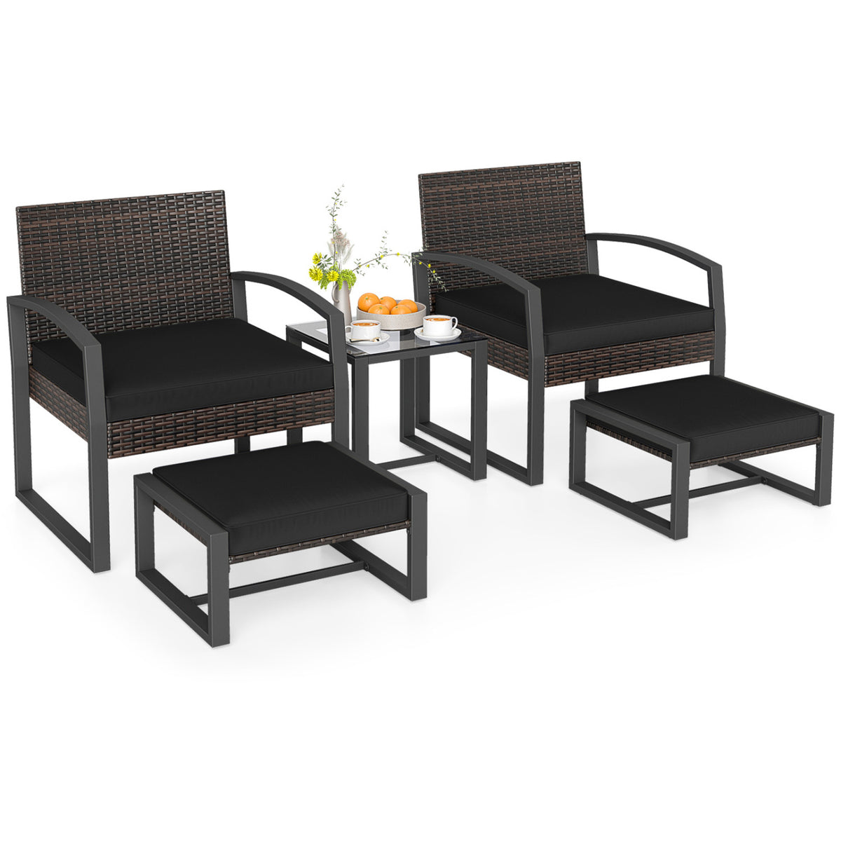 5-Piece Patio Conversation Set with 2 Ottomans and Tempered Glass Side Table-Black