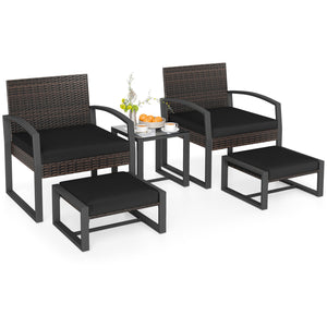 5-Piece Patio Conversation Set with 2 Ottomans and Tempered Glass Side Table-Black