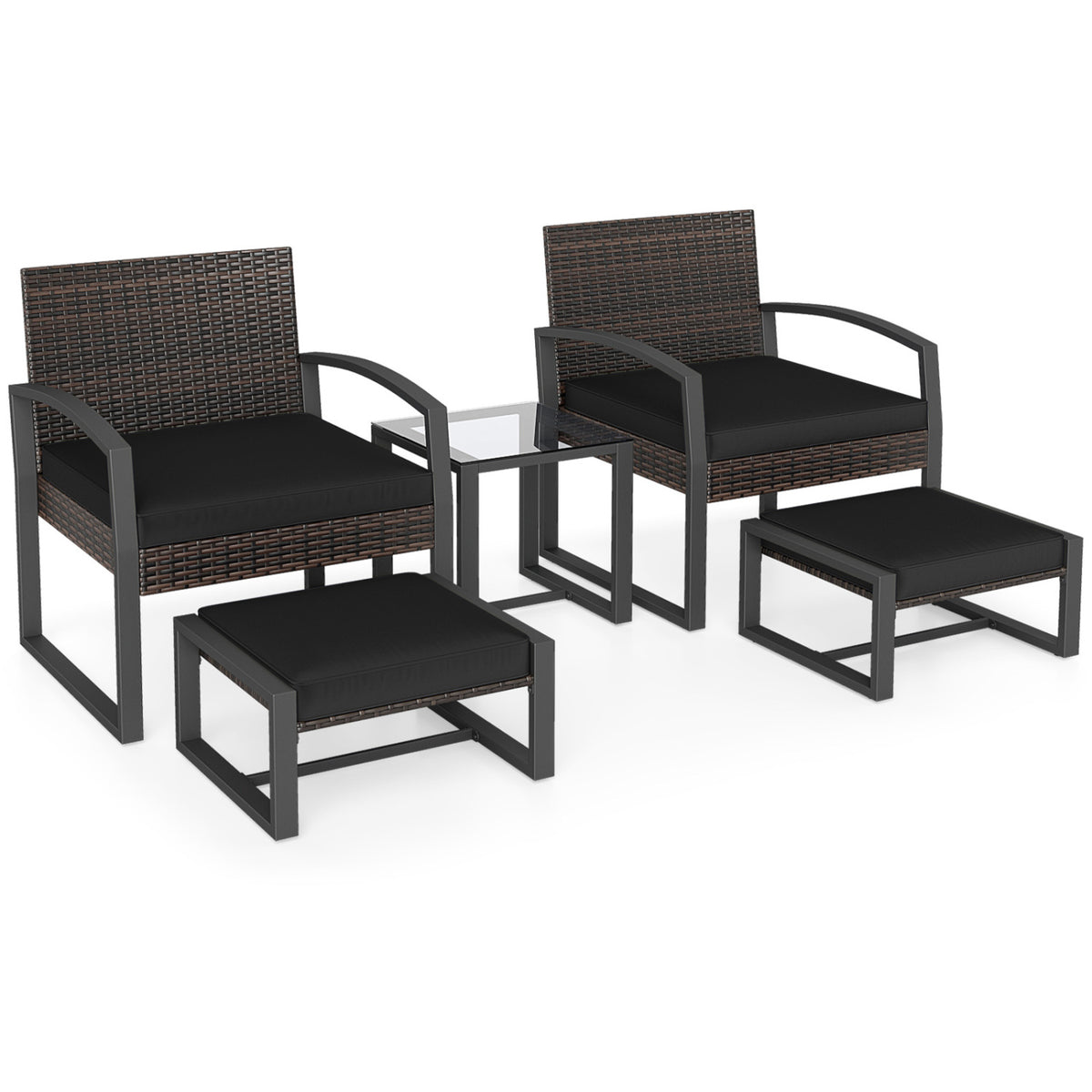5-Piece Patio Conversation Set with 2 Ottomans and Tempered Glass Side Table-Black