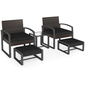 5-Piece Patio Conversation Set with 2 Ottomans and Tempered Glass Side Table-Black