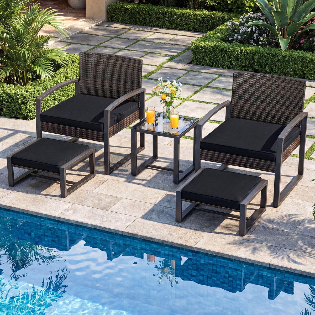 5-Piece Patio Conversation Set with 2 Ottomans and Tempered Glass Side Table-Black