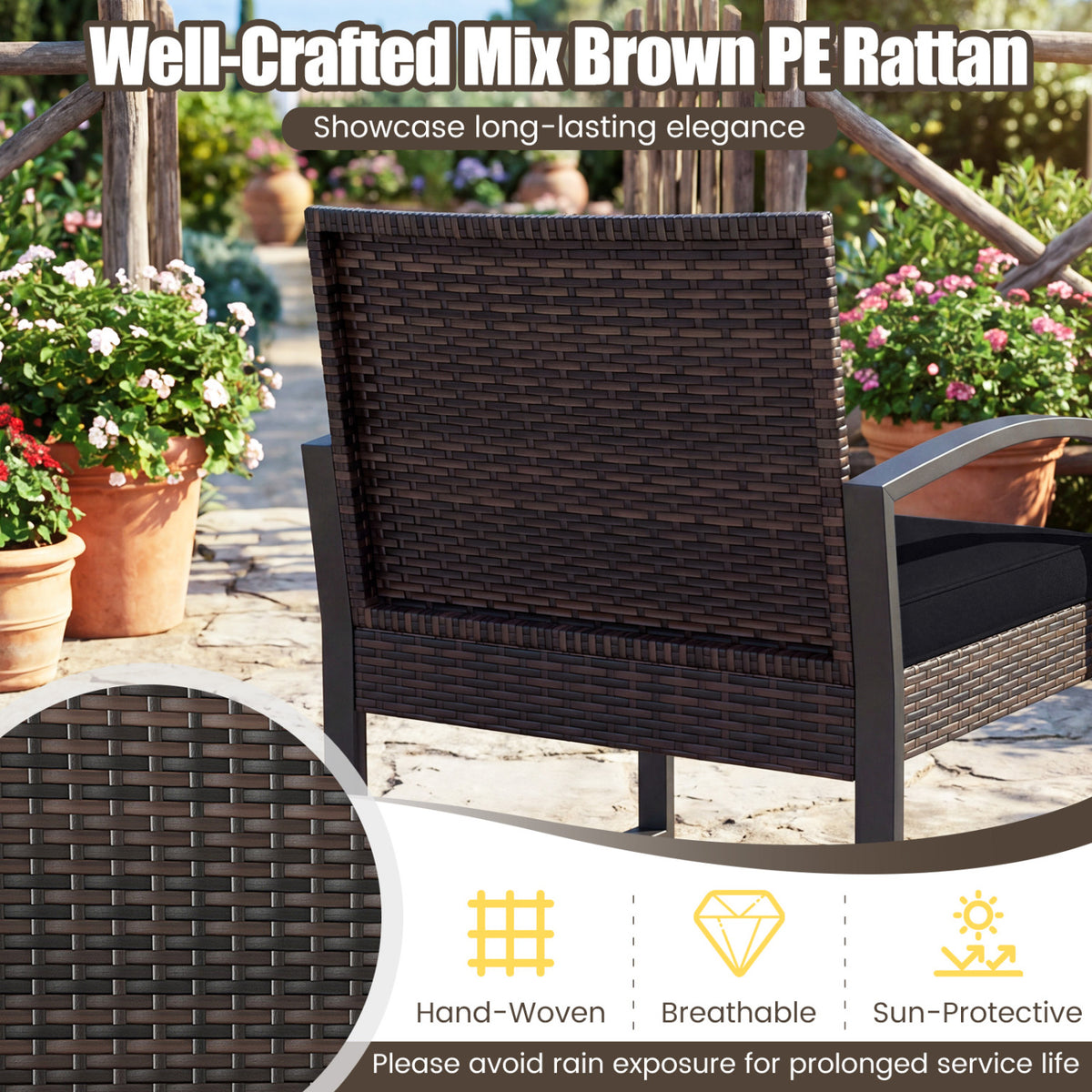 5-Piece Patio Conversation Set with 2 Ottomans and Tempered Glass Side Table-Black