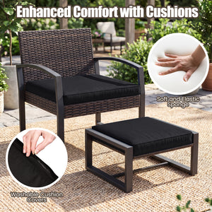 5-Piece Patio Conversation Set with 2 Ottomans and Tempered Glass Side Table-Black