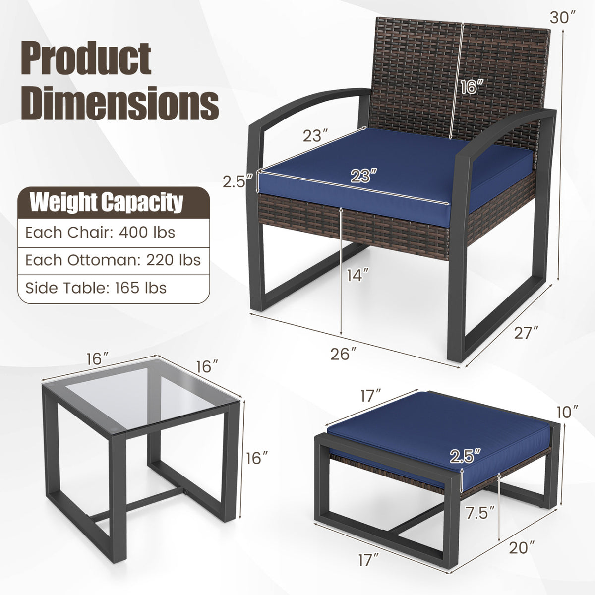 5-Piece Patio Conversation Set with 2 Ottomans and Tempered Glass Side Table-Navy