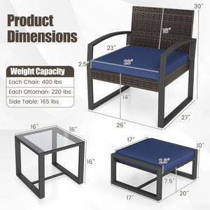 5-Piece Patio Conversation Set with 2 Ottomans and Tempered Glass Side Table-Navy