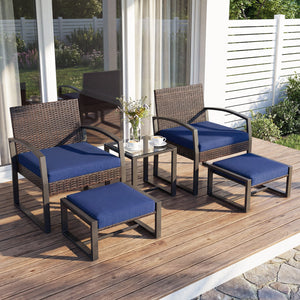 5-Piece Patio Conversation Set with 2 Ottomans and Tempered Glass Side Table-Navy
