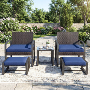 5-Piece Patio Conversation Set with 2 Ottomans and Tempered Glass Side Table-Navy