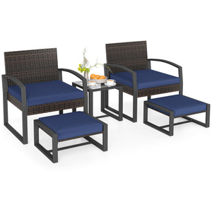 5-Piece Patio Conversation Set with 2 Ottomans and Tempered Glass Side Table-Navy