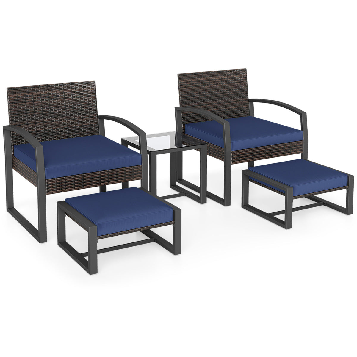 5-Piece Patio Conversation Set with 2 Ottomans and Tempered Glass Side Table-Navy