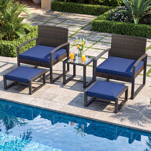 5-Piece Patio Conversation Set with 2 Ottomans and Tempered Glass Side Table-Navy