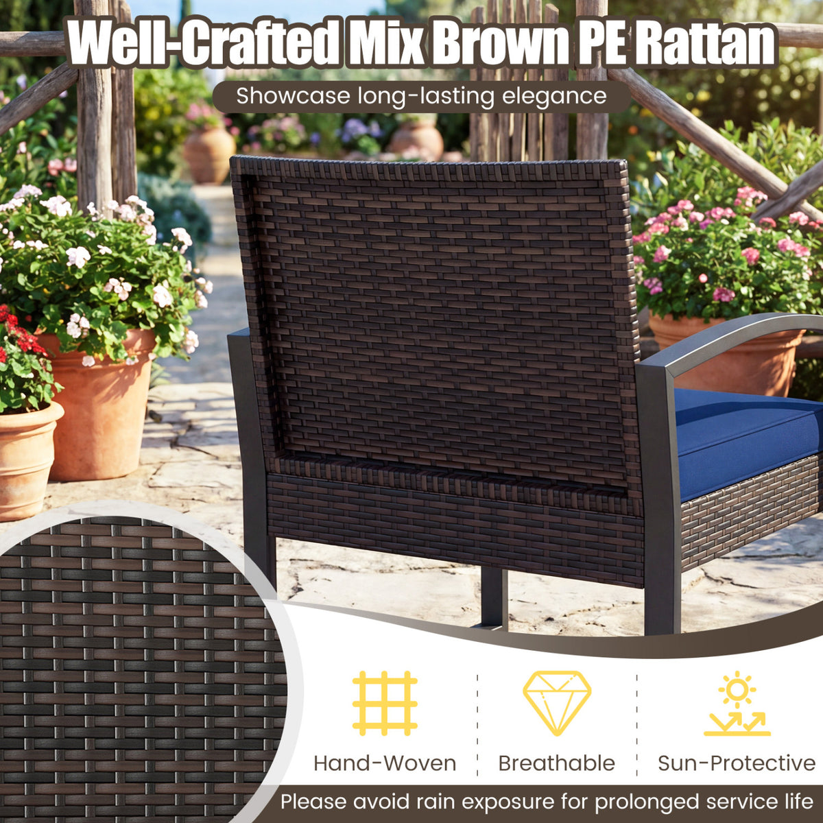 5-Piece Patio Conversation Set with 2 Ottomans and Tempered Glass Side Table-Navy