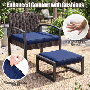 5-Piece Patio Conversation Set with 2 Ottomans and Tempered Glass Side Table-Navy