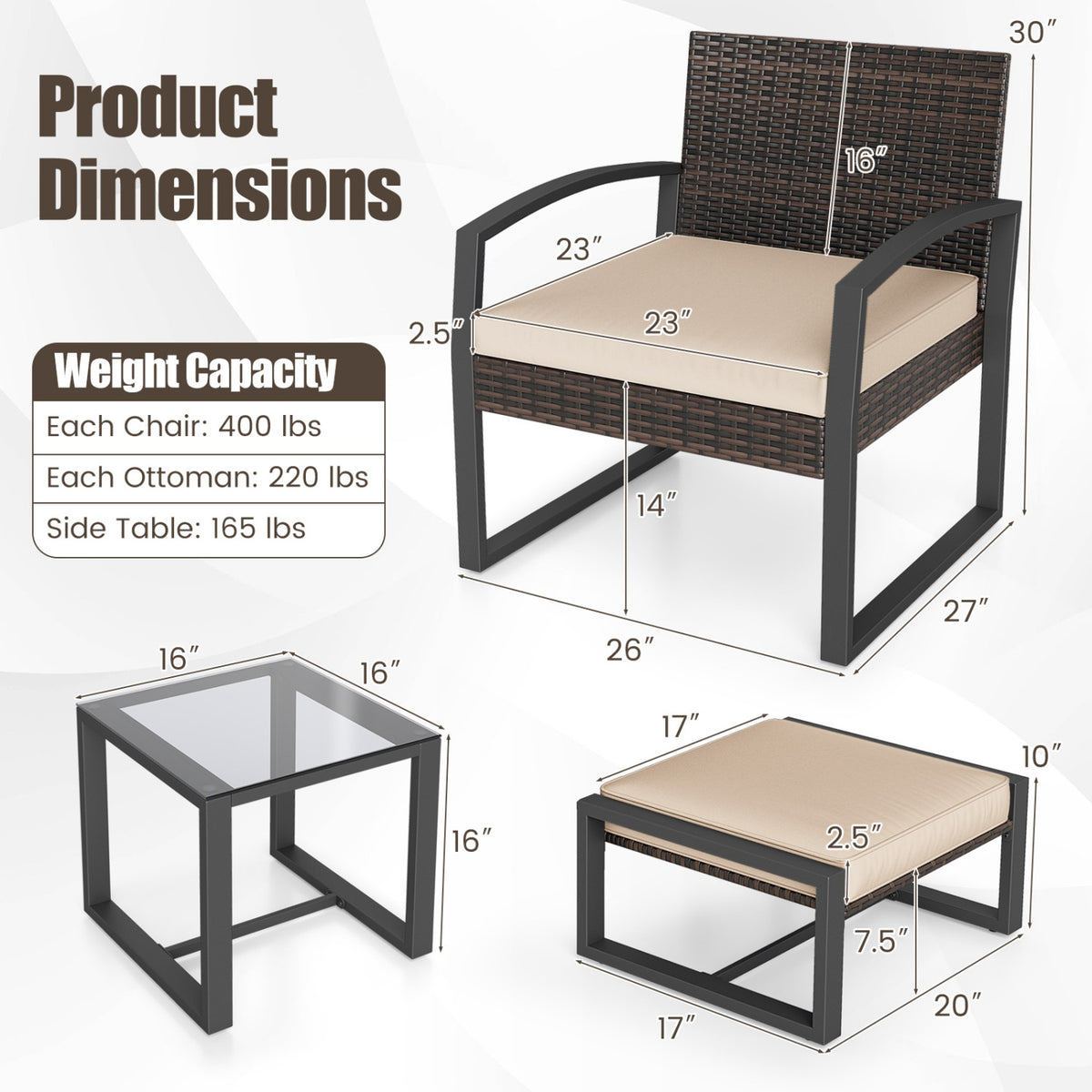 5-Piece Patio Conversation Set with 2 Ottomans and Tempered Glass Side Table-Beige