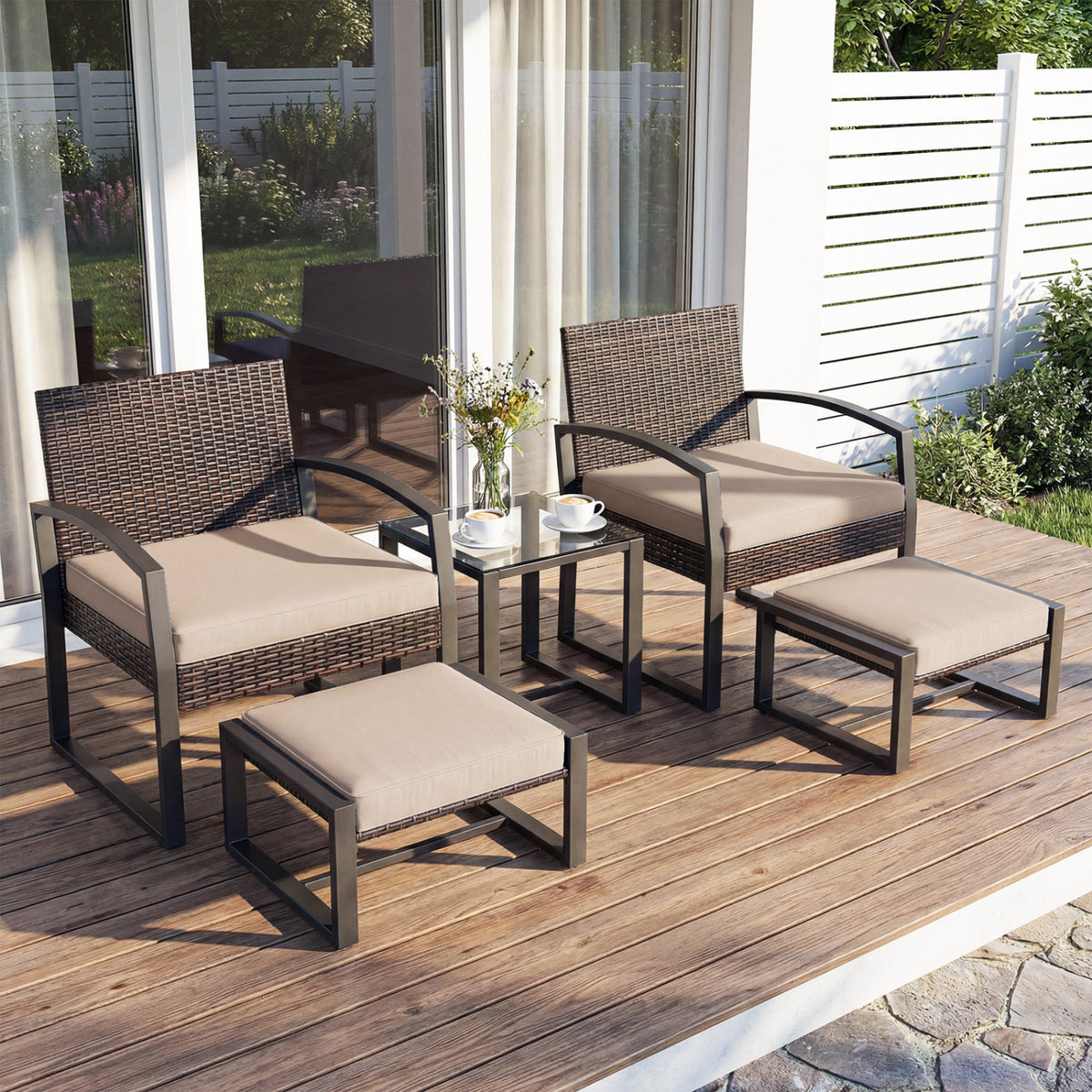 5-Piece Patio Conversation Set with 2 Ottomans and Tempered Glass Side Table-Beige