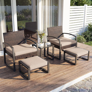 5-Piece Patio Conversation Set with 2 Ottomans and Tempered Glass Side Table-Beige