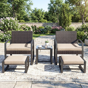5-Piece Patio Conversation Set with 2 Ottomans and Tempered Glass Side Table-Beige