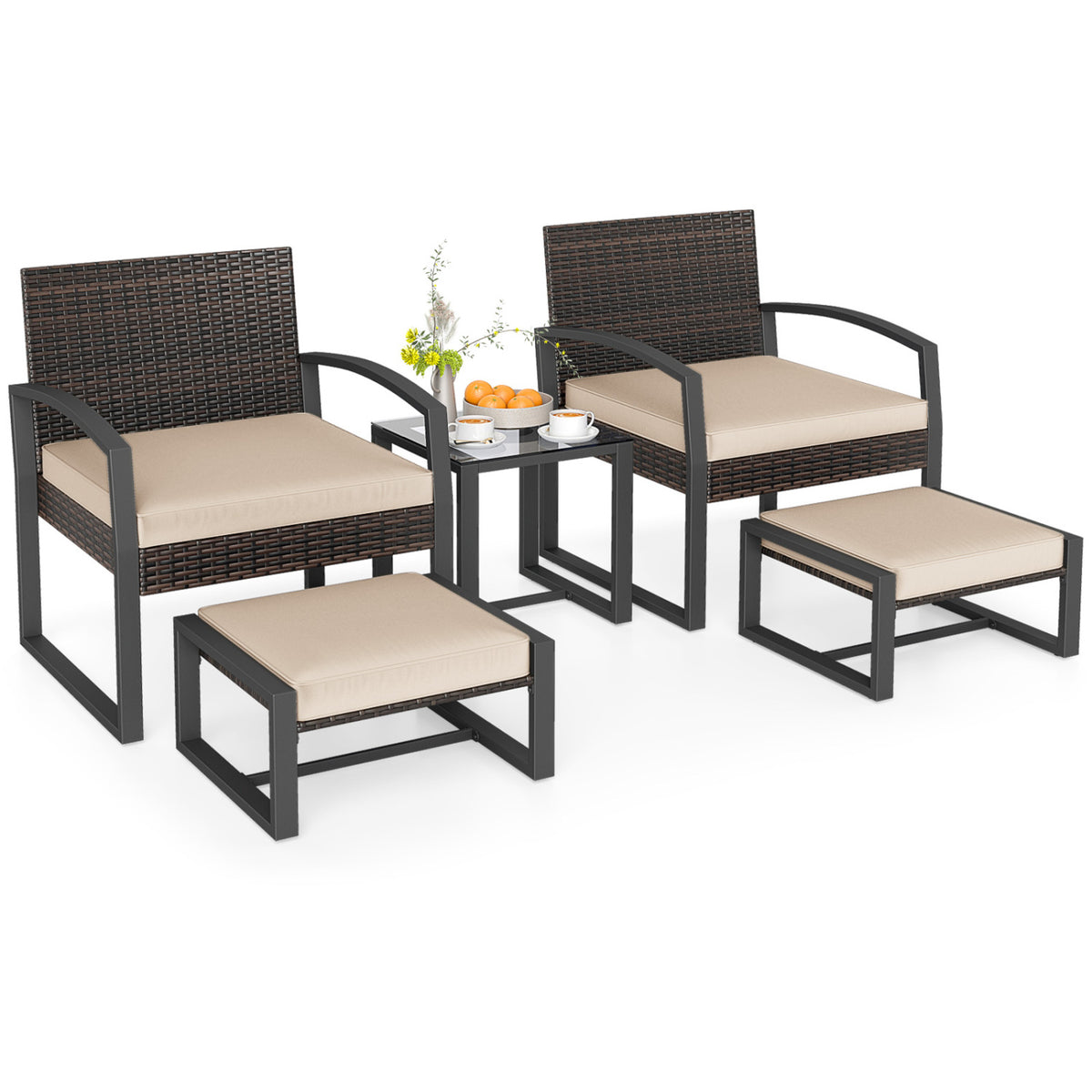 5-Piece Patio Conversation Set with 2 Ottomans and Tempered Glass Side Table-Beige