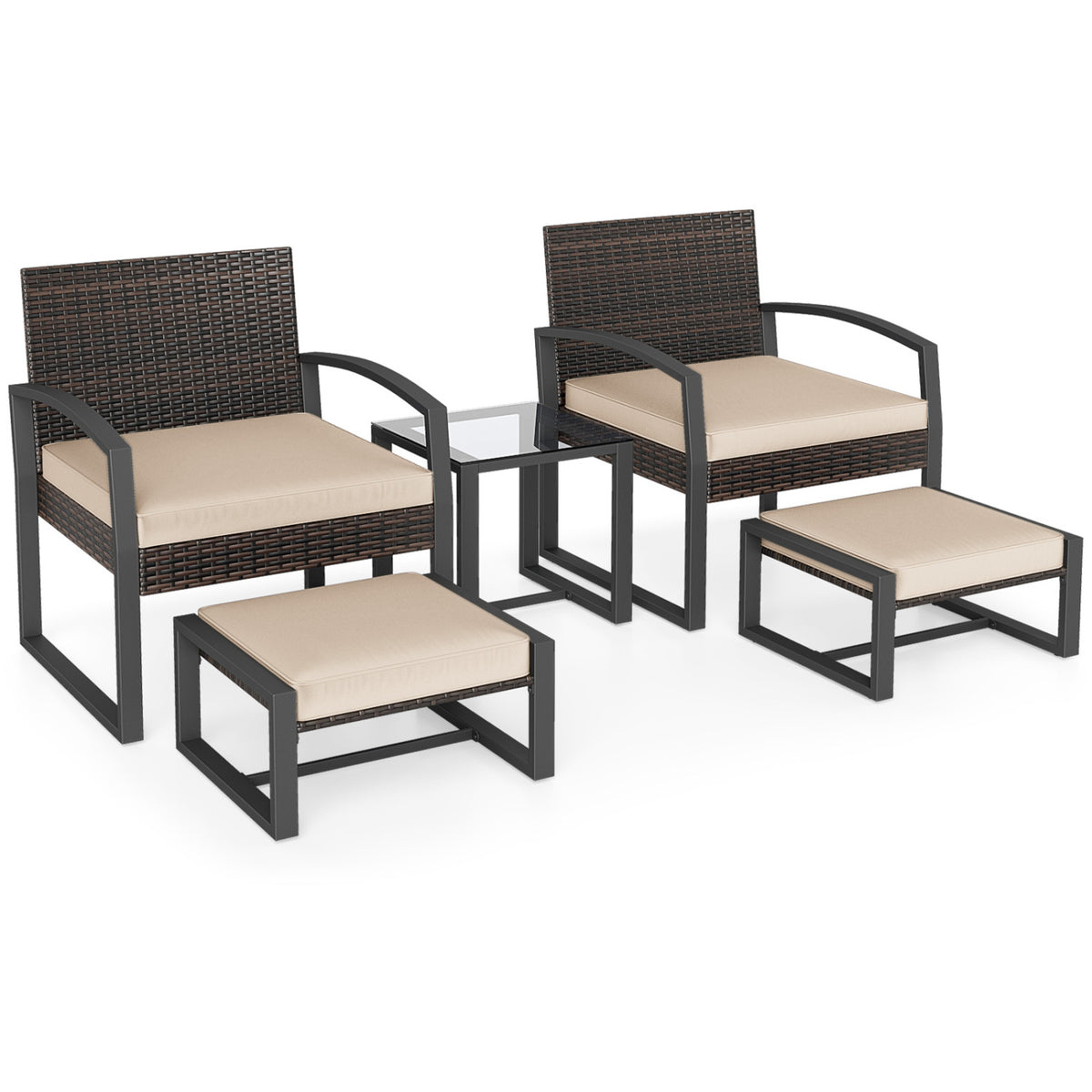 5-Piece Patio Conversation Set with 2 Ottomans and Tempered Glass Side Table-Beige