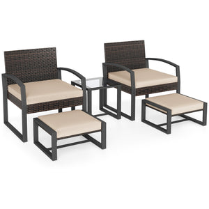 5-Piece Patio Conversation Set with 2 Ottomans and Tempered Glass Side Table-Beige