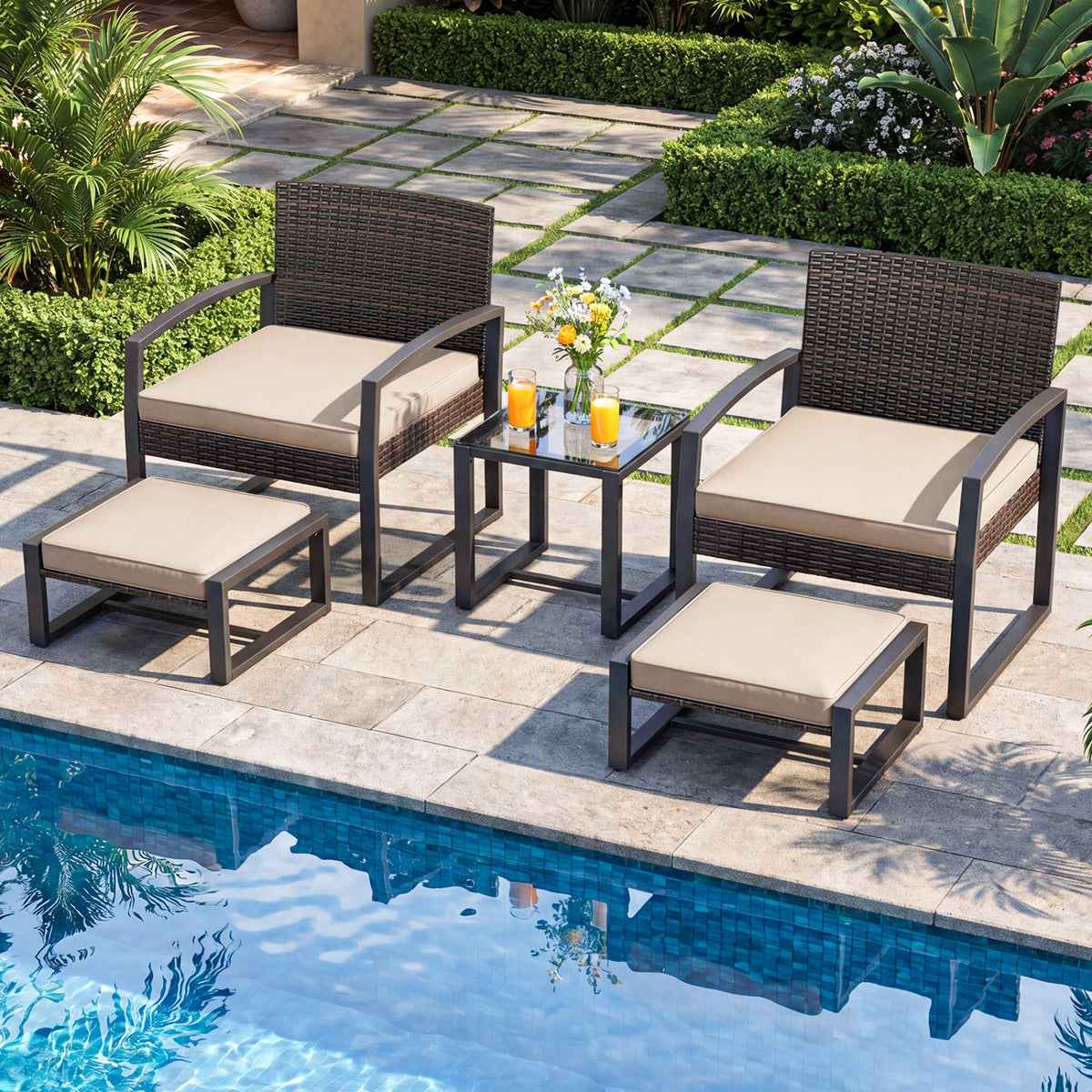 5-Piece Patio Conversation Set with 2 Ottomans and Tempered Glass Side Table-Beige