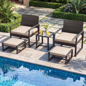 5-Piece Patio Conversation Set with 2 Ottomans and Tempered Glass Side Table-Beige