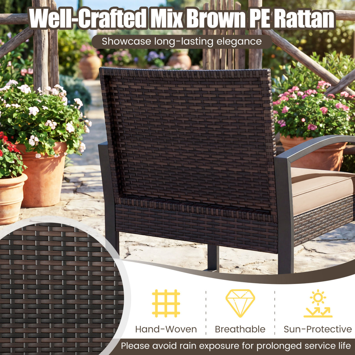 5-Piece Patio Conversation Set with 2 Ottomans and Tempered Glass Side Table-Beige