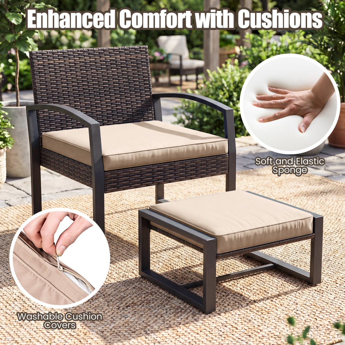 5-Piece Patio Conversation Set with 2 Ottomans and Tempered Glass Side Table-Beige