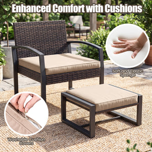 5-Piece Patio Conversation Set with 2 Ottomans and Tempered Glass Side Table-Beige