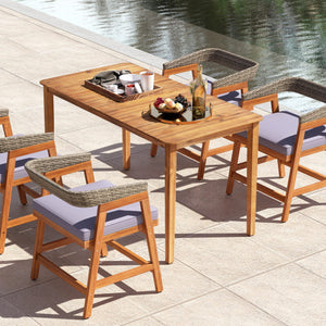 5 Piece Patio Dining Set Solid Wood with Rattan Backrest and Cushions