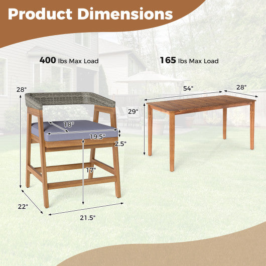 5 Piece Patio Dining Set Solid Wood with Rattan Backrest and Cushions
