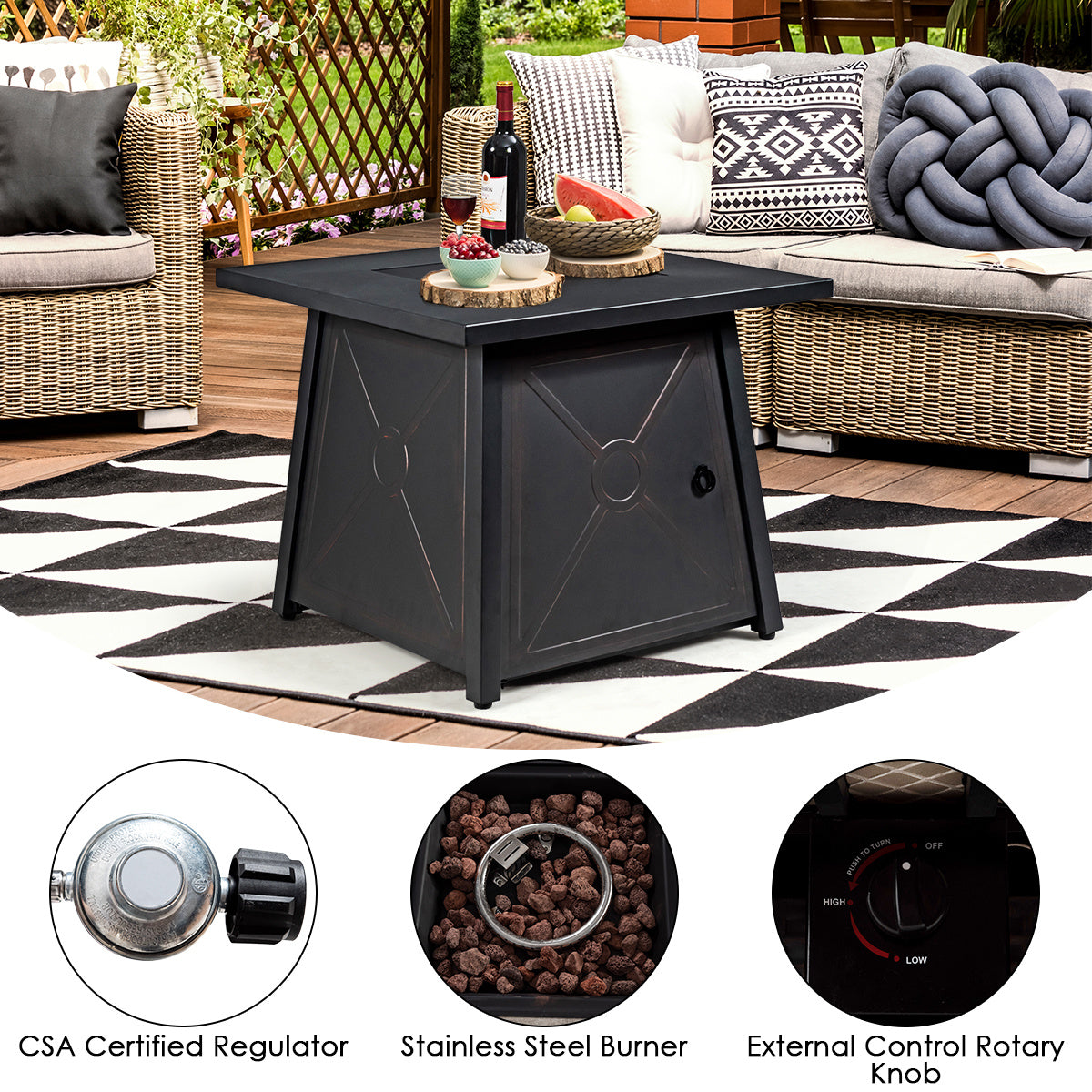 5 Piece Patio Furniture Set with 50000 BTU Propane Fire Pit Table-Black